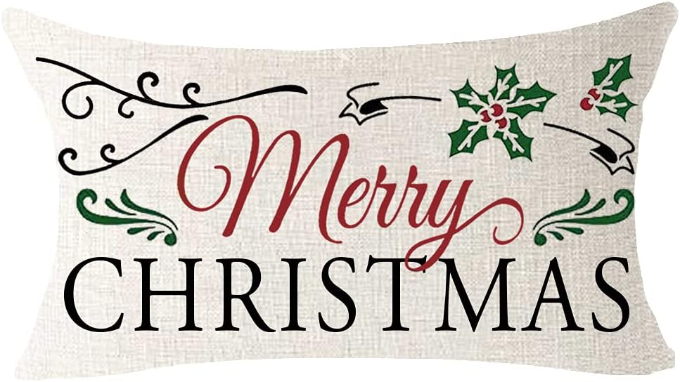 Juego de 4 fundas de almohada lumbares de lino y algodón con copos de nieve con texto en inglés “Merry Christmas”, para cama, sofá, oficina,
