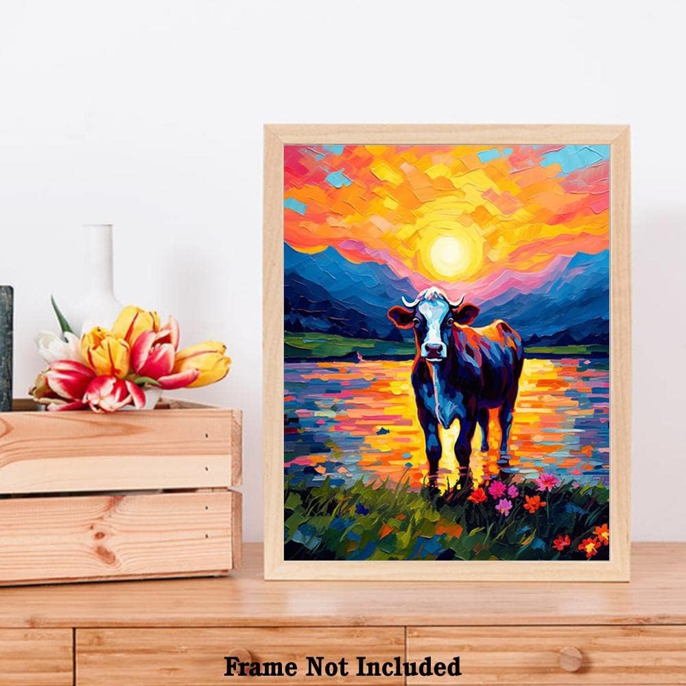 Bestbuddy Pet 8 x 10 sin marco noche estrellada Van Gogh inspirado vaca lechera junto al lago Flores Granja Animal Leche Vaca Ganado Familia Pintura