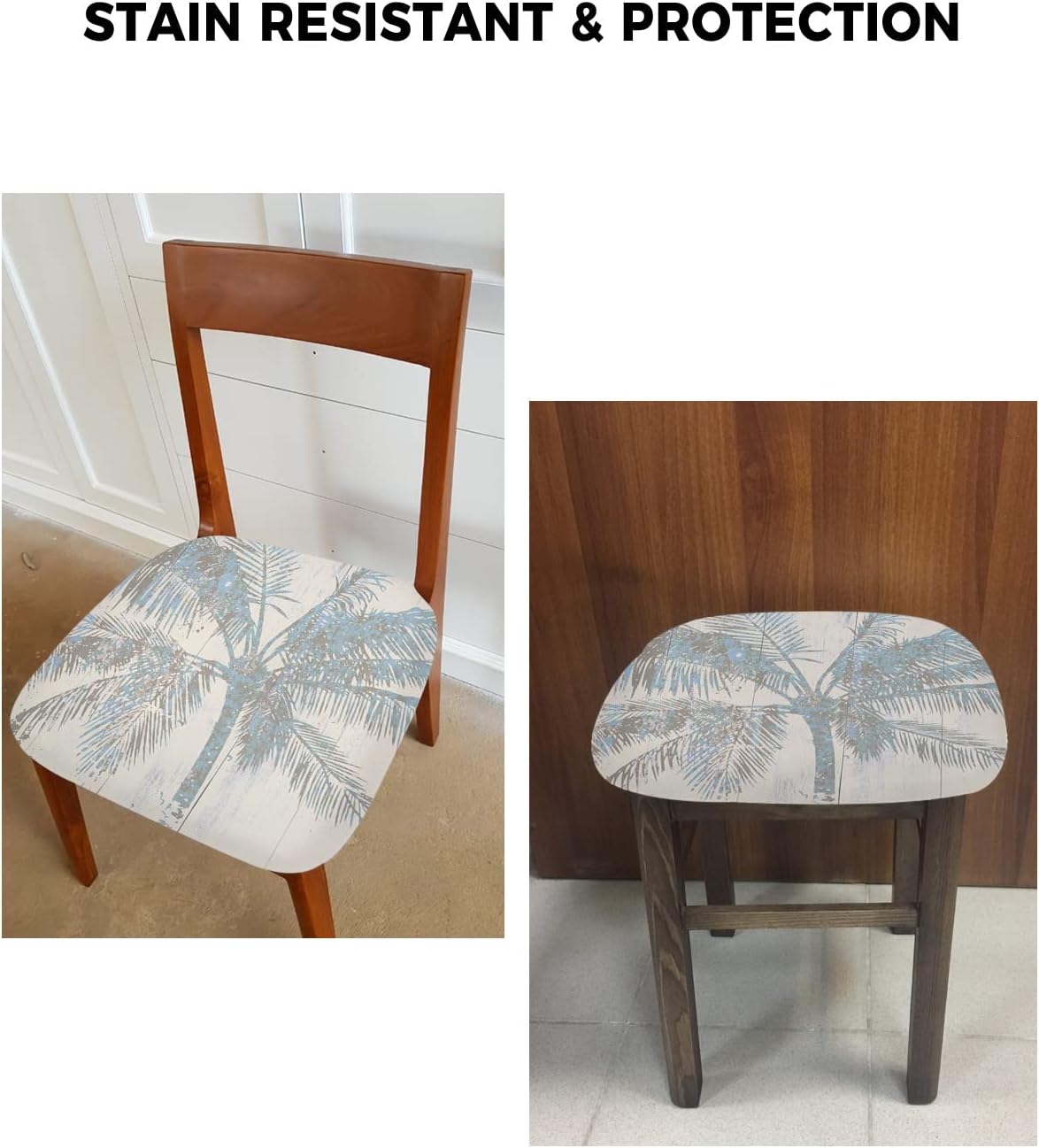 Fundas de asiento de relleno de palmeras tropicales para sillas de comedor, fundas elásticas para sillas de cocina, fondo de grano de rayas de