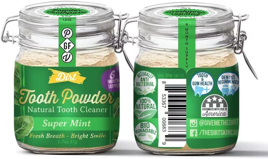 The Dirt – Polvo de dientes, hierbas, aceites esenciales y polvo de dientes de arcilla de bentonita, alternativa a pasta de dientes natural sin