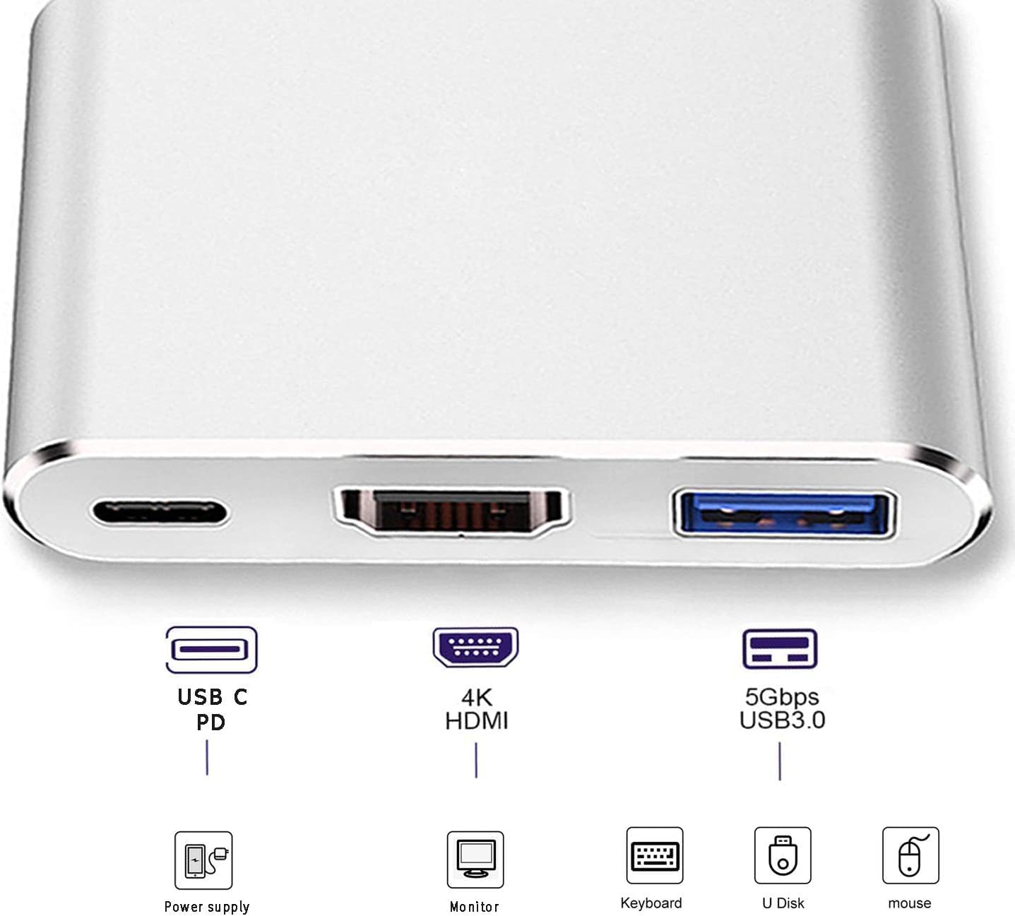 Adaptador USB C a HDMI, convertidor de video 4K con puerto de carga USB 3.0 y tipo C, adaptador multipuerto AV digital USB-C para dispositivos Mac y
