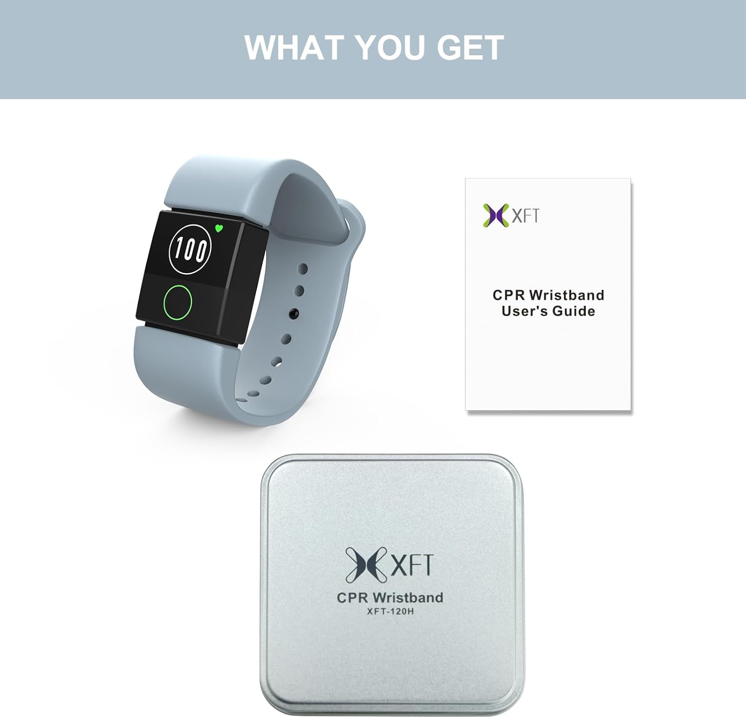 Pulsera de RCP, XFT CPR tasa de compresión y profundidad muñeca con caja de hierro de transporte, compatible con entrenador AED 120G, para