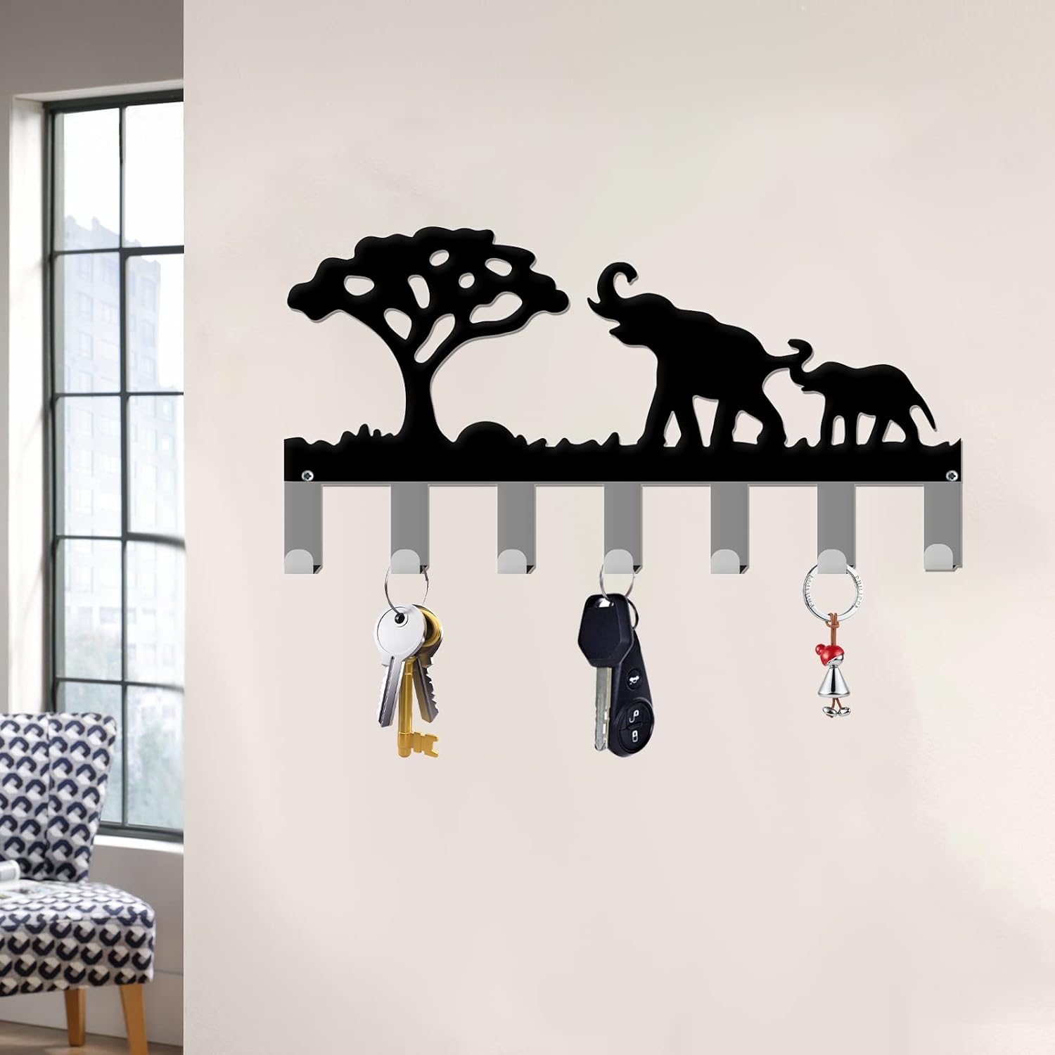 Soporte para llaves de elefante para pared, ganchos de metal para llaves montado en la pared con 7 ganchos, organizador negro para colgar en la