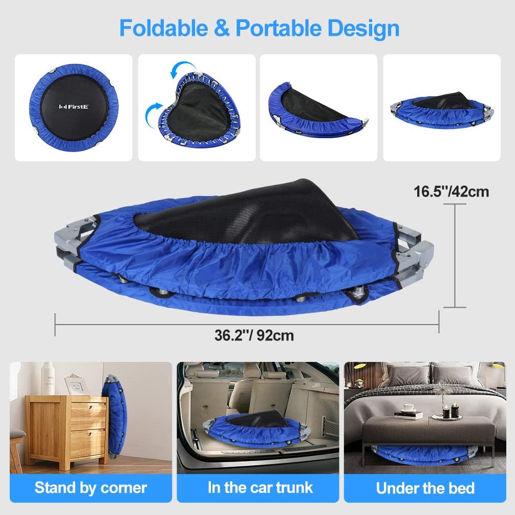 FirstE Mini trampolín de fitness de 50 pulgadas para adultos, trampolín plegable de ejercicio con 5 niveles de mango de espuma ajustable, trampolín