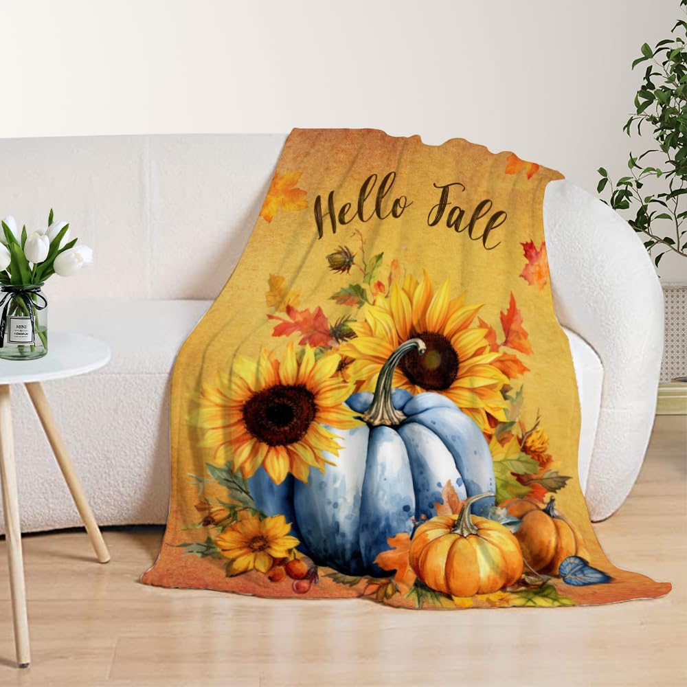 YeeJu Manta decorativa de otoño, color naranja, Acción de Gracias, otoño, lindas calabazas, hojas, girasoles, sofá, cama, sala de estar, suave,