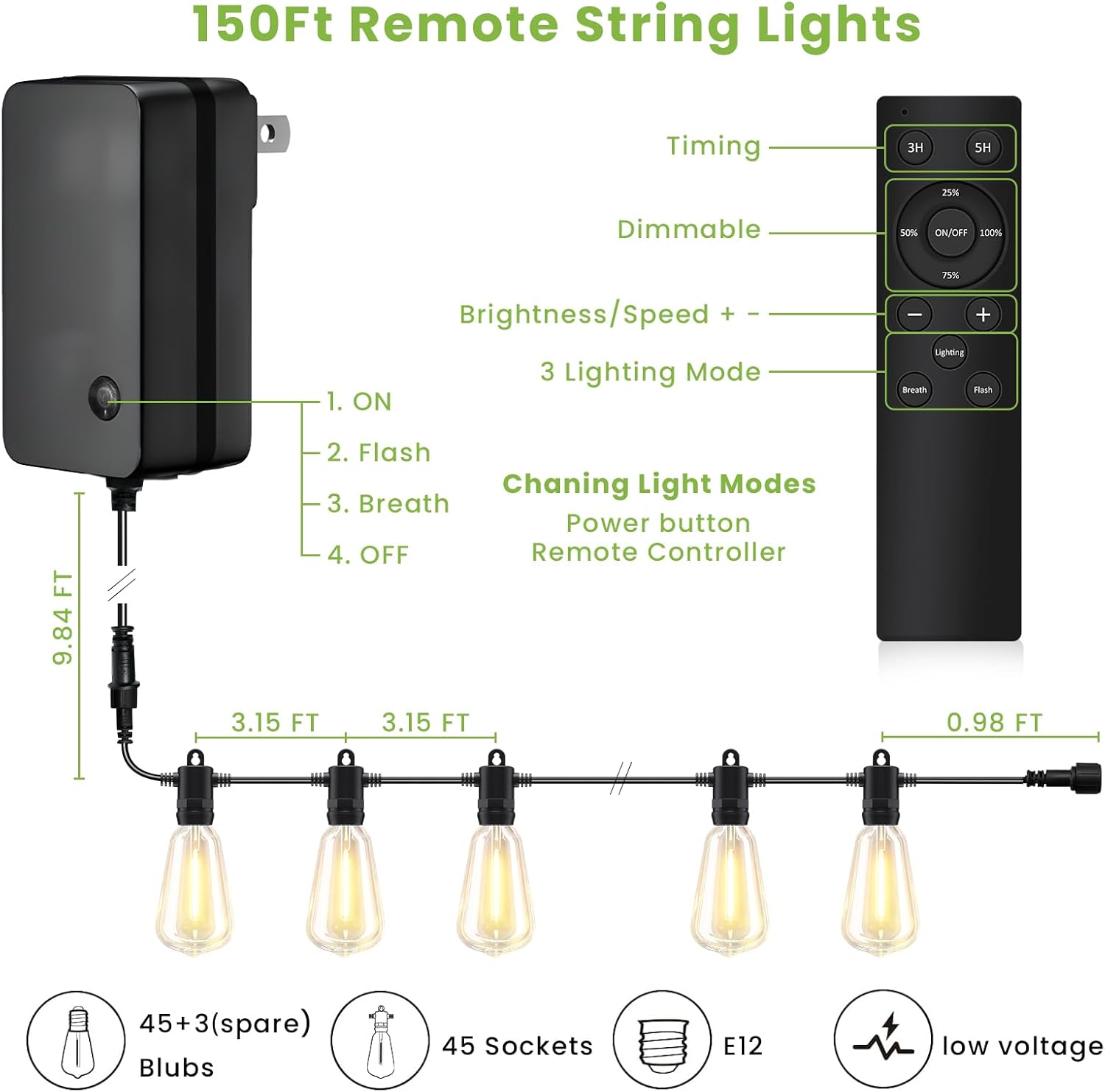 Guirnalda de luces para exteriores de 150 pies con control remoto, tira de luces LED para patio con bombillas ST38 vintage inastillables, IP65