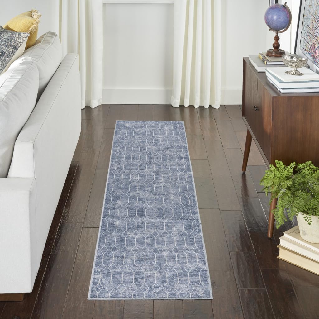 Alfombra lavable con telar eléctrico geométrico azul y blanco de 10 pies