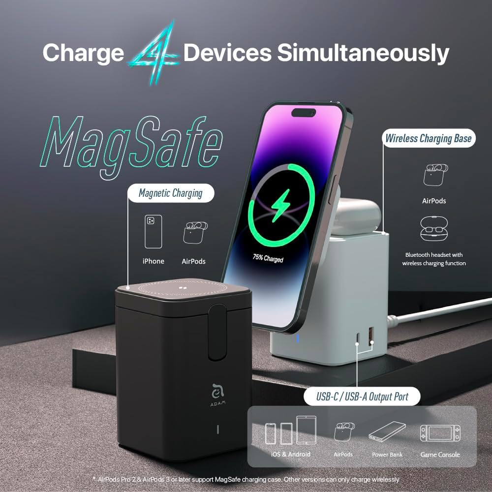 ADAM elements Cargador inalámbrico magnético – Mag 4 GaN 30W 4 in1 estación de carga de energía para iPhone 12131415 Series y AirPods Series (blanco)