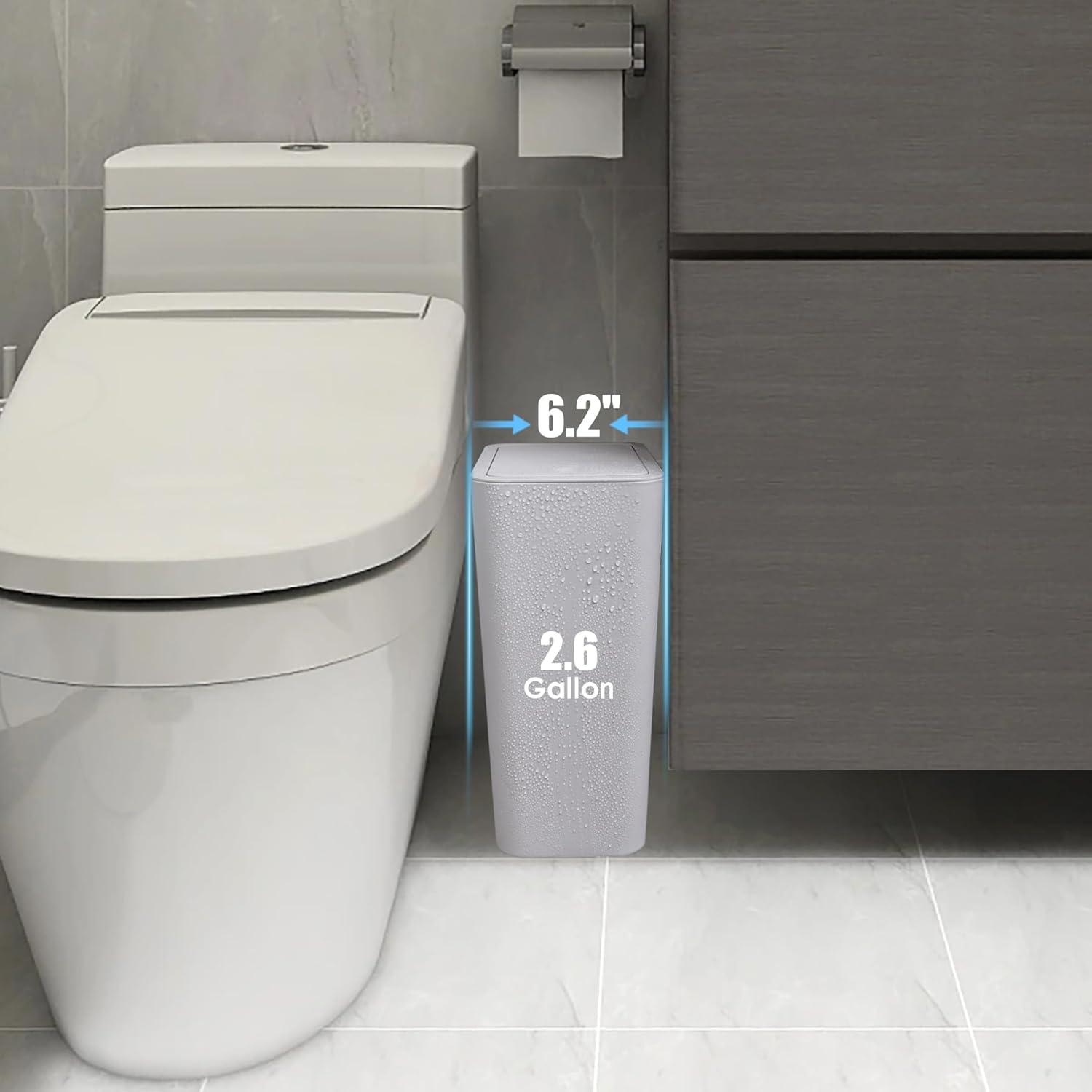 Basurero de baño con tapa, cubo de basura delgado de 10 litros2.6 galones, cesta de basura pequeña con tapa desplegable para cocina, dormitorio,