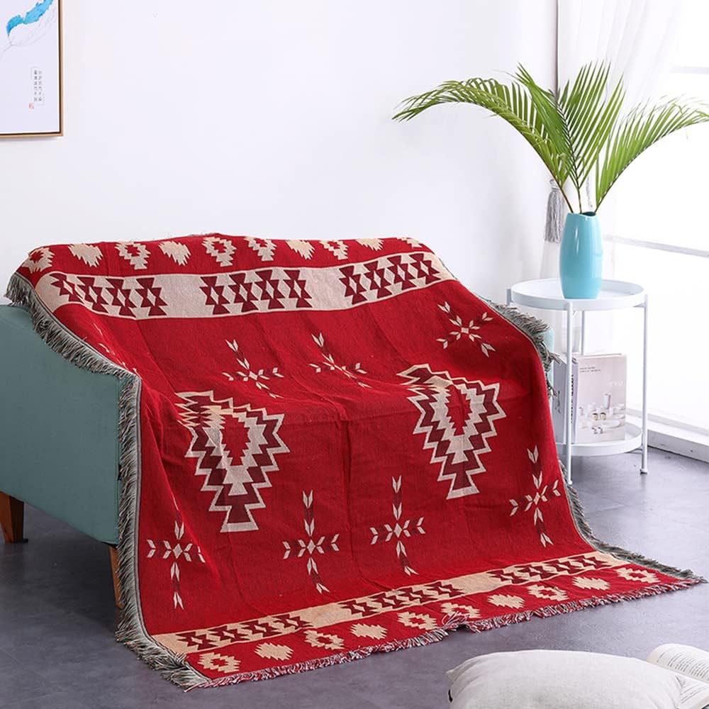 CCHYF Manta de nativos americanos del suroeste, manta azteca, decoración de pared bohemia roja con borlas tejidas de algodón, mantas y mantas