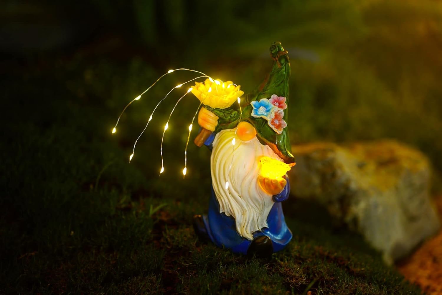 CHUANGFENG Gnomes Garden Decor with Solar Firework Lights,Solar Garden gnome Statue Decoration for Outdoor Patio Yard Lawn Decoration Gift for