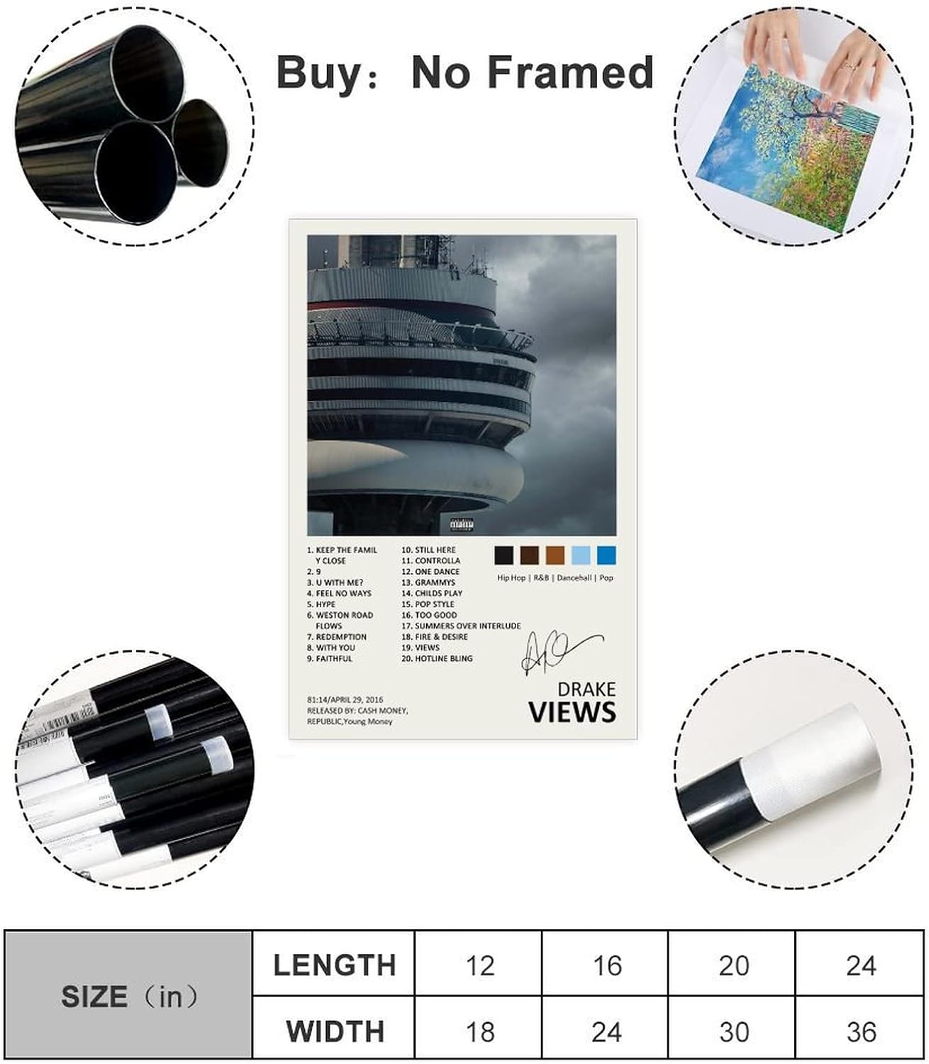 YGULC Drake – Póster con diseño de vistas, diseño de álbum de música, edición limitada, póster de lienzo para decoración de pared, pintura para sala