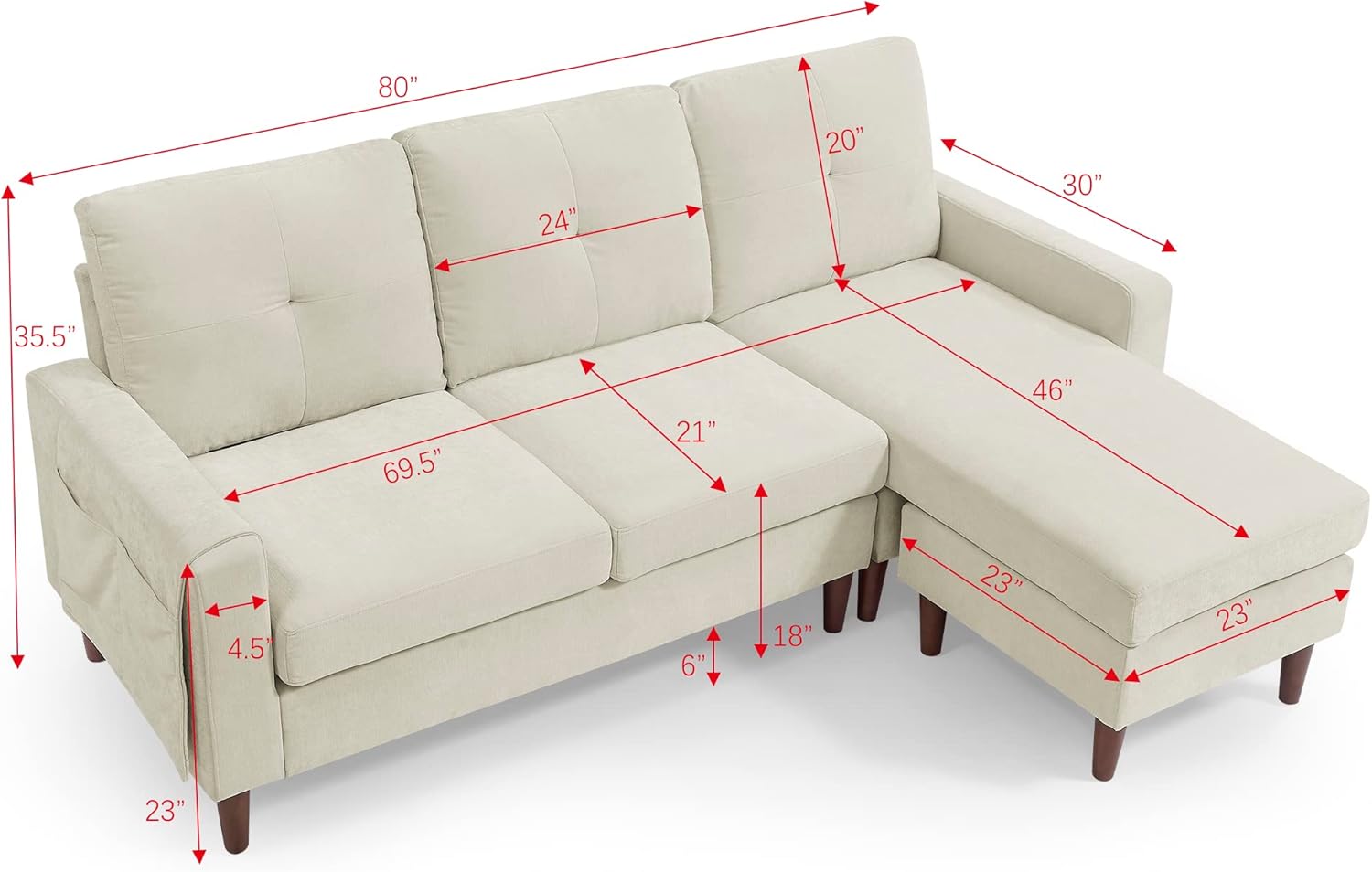 Moderno sofá modular convertible de 80 pulgadas para sala de estar, apartamento, sofá de 3 asientos en forma de L con cojines extraíbles, felpilla