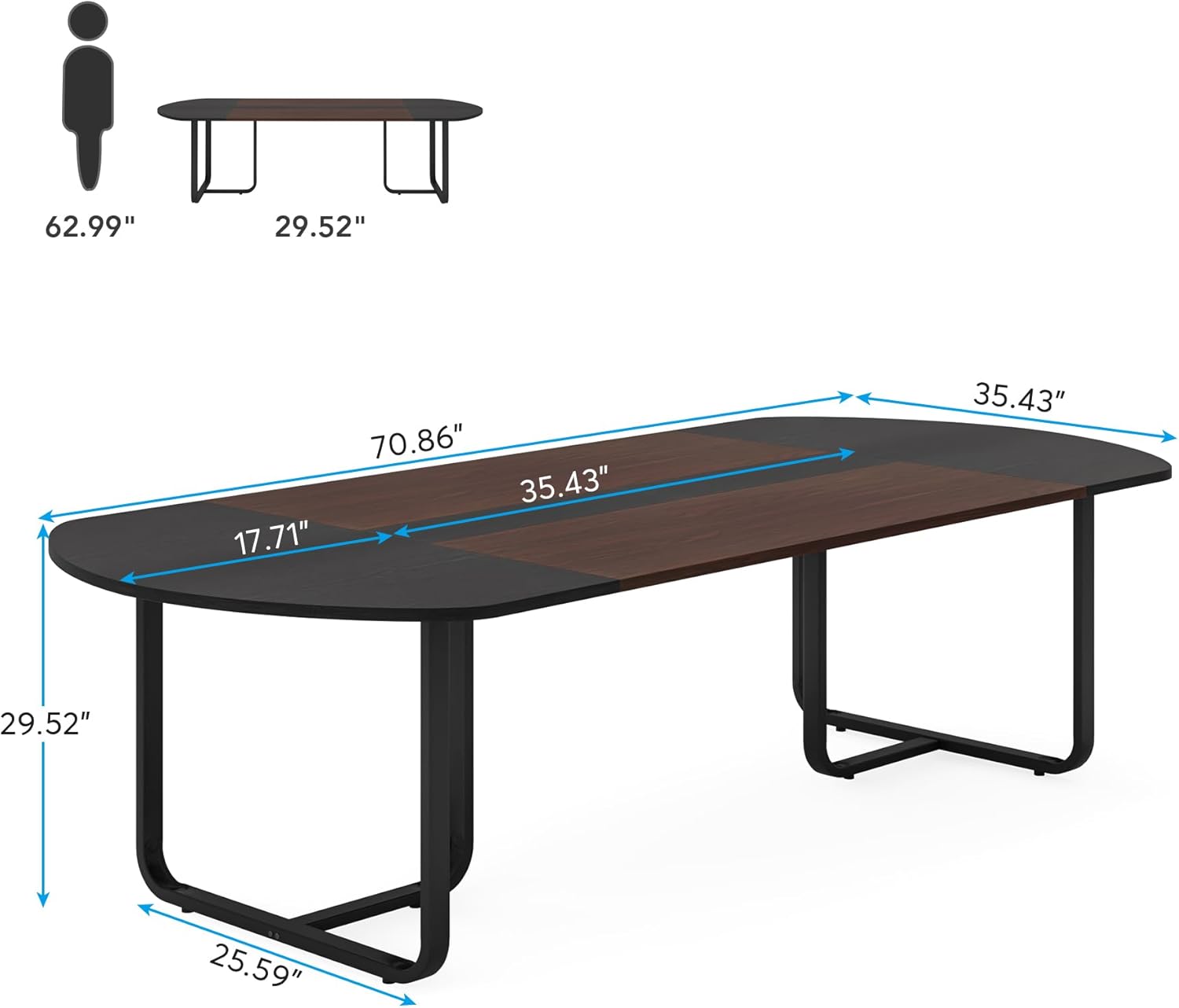 Tribesigns Mesa de comedor ovalada moderna de 70.86 pulgadas con tablero de empalme de acabado nogal y negro, mesas de cocina curvadas para 6-8,