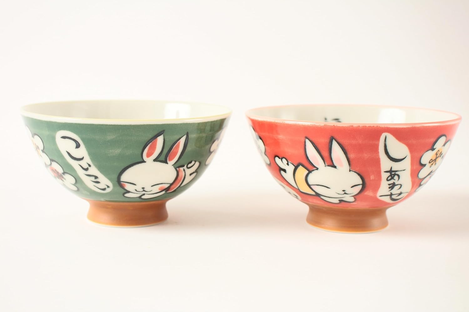 Mino ware Cerámica Japonesa Par Arroz Tazón Happy Rabbit Verde y Rojo Hecho en Japón (Importación de Japón) MIG009
