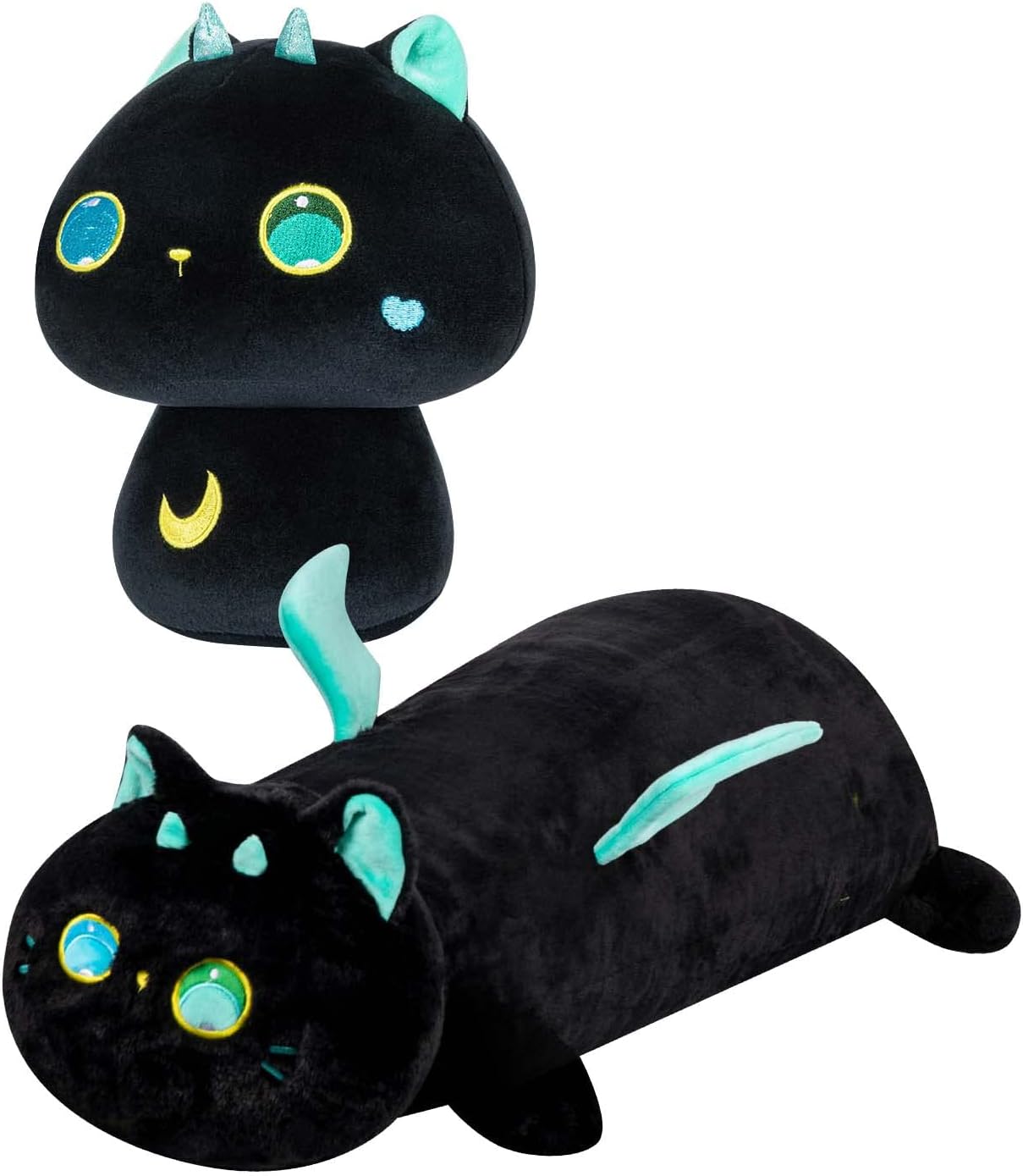 2 almohadas de felpa, almohada de felpa de gato negro de ojo grande de 35 pulgadas + almohada de felpa de 8 pulgadas con forma de hongo y gato negro