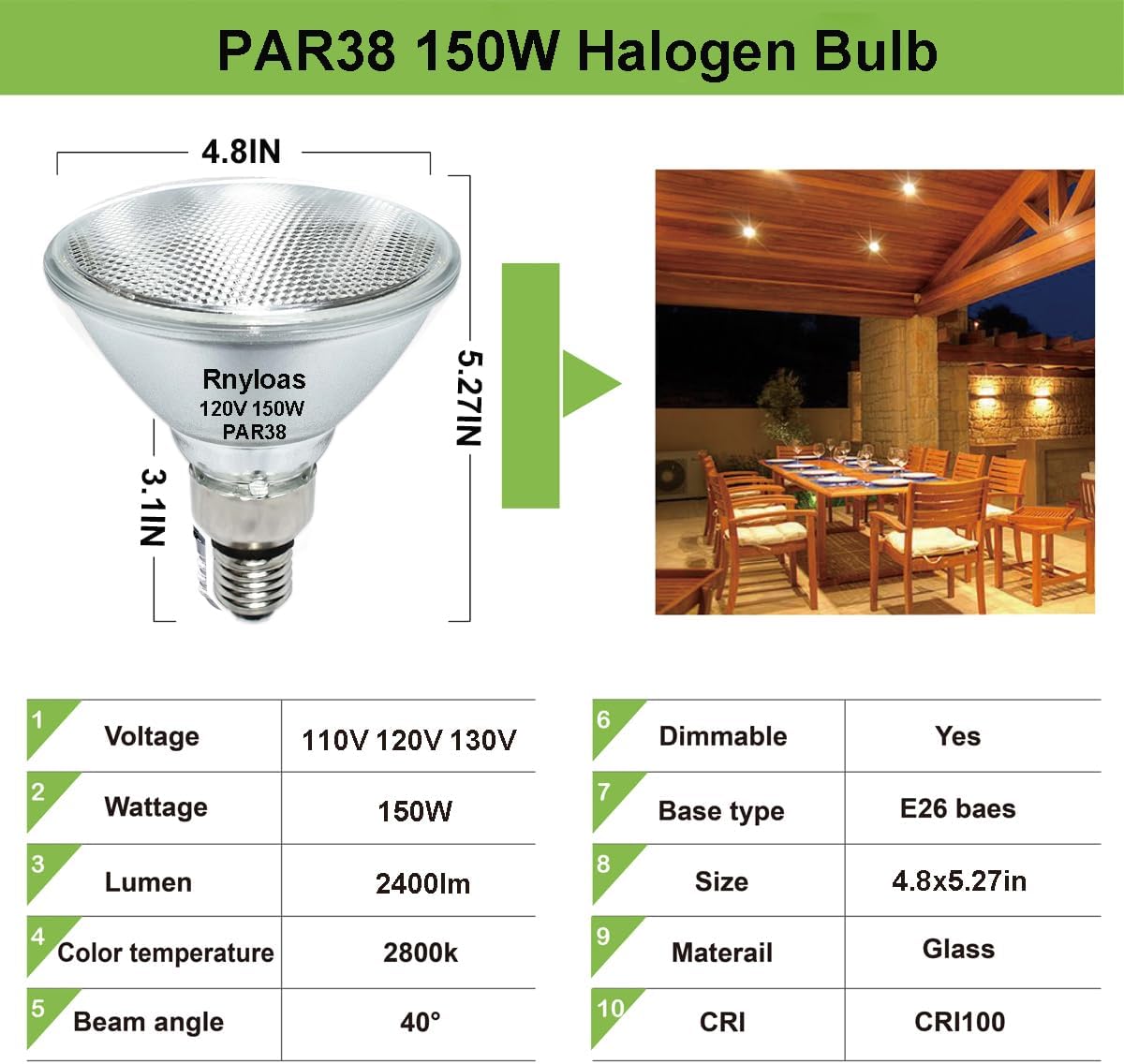Rnyloas PAR38 – Luz de inundación halógena, paquete de 4 bombillas de inundación de larga vida útil 150 W 120 V PAR38 regulable, bombilla PAR38 de