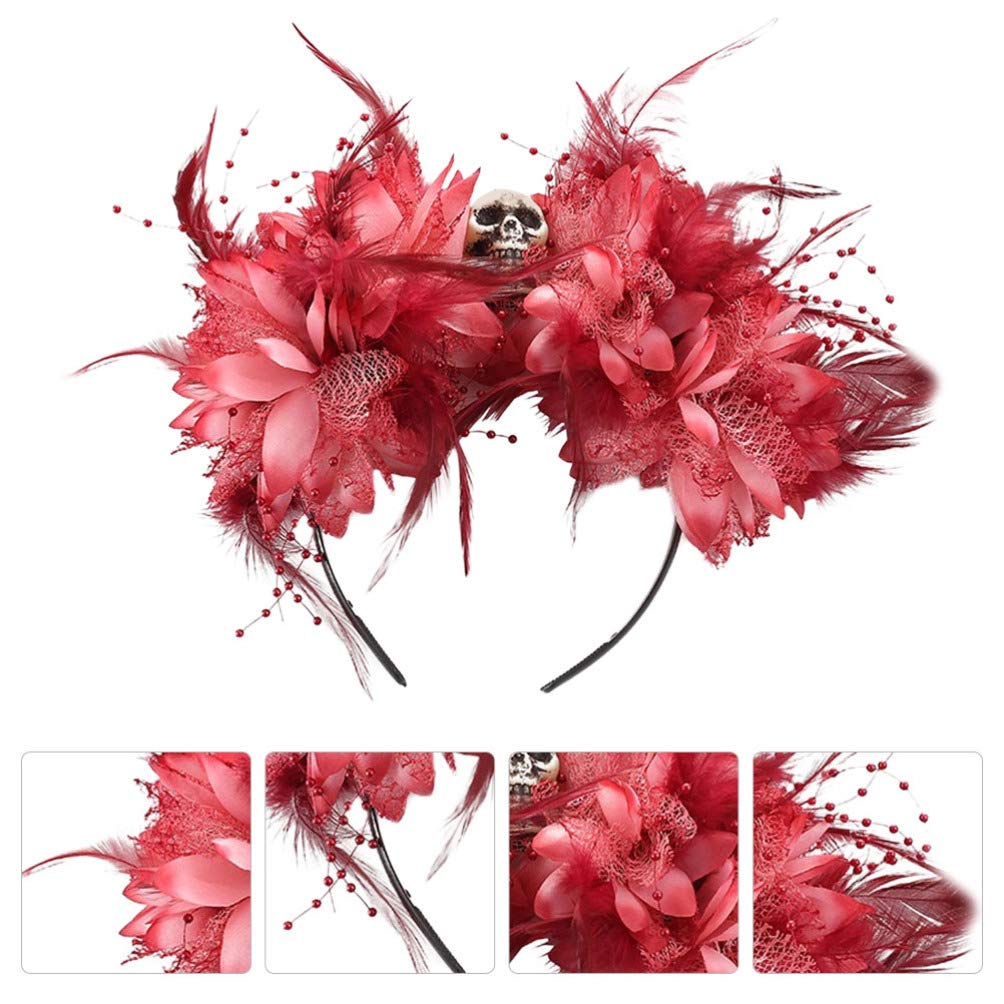 Lurrose Diademas para disfraz de Halloween, diseño de calavera y plumas de flores, corona de flores mexicanas, Dia de Los Muertos, diadema de rosas