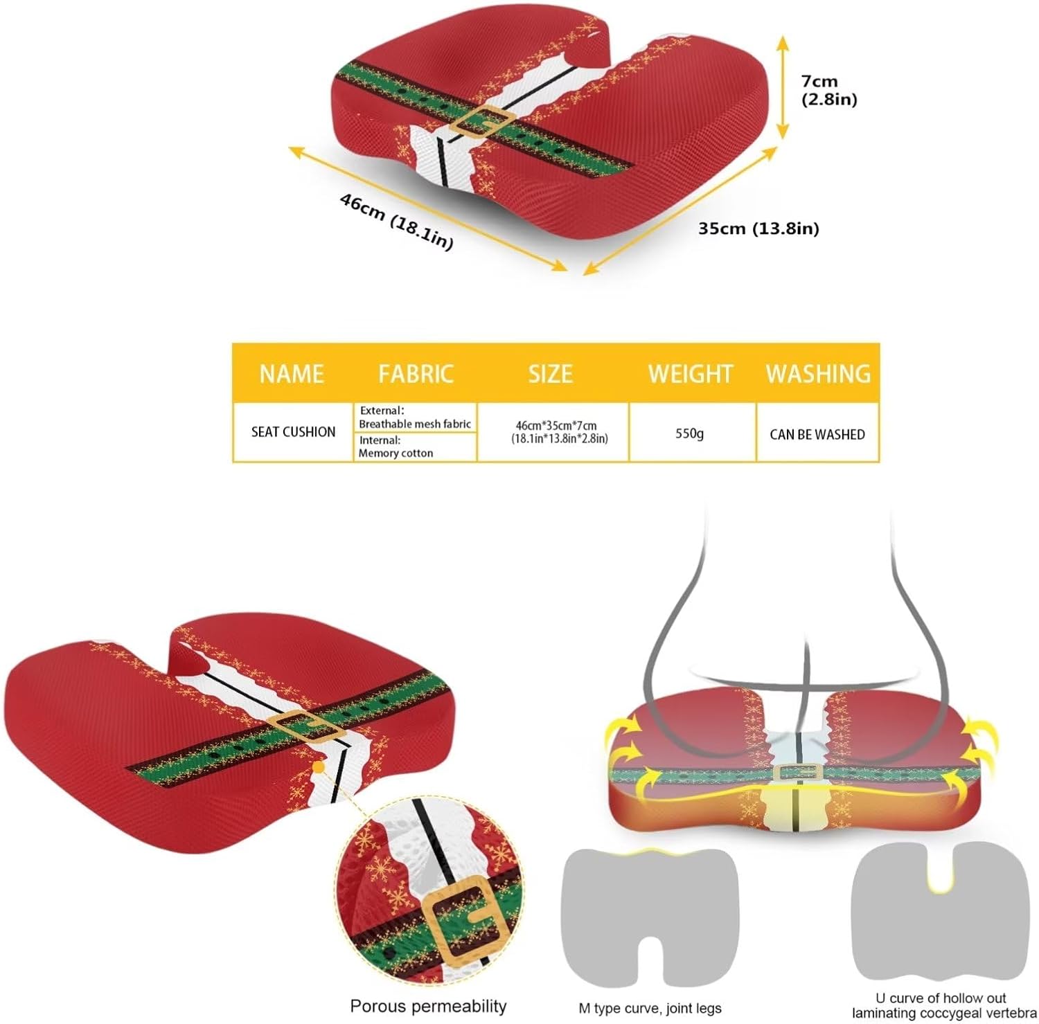 Cinturón de Navidad de espuma viscoelástica para silla de oficina, asiento de automóvil, silla de ruedas, viajes, reduce la presión del coxis y