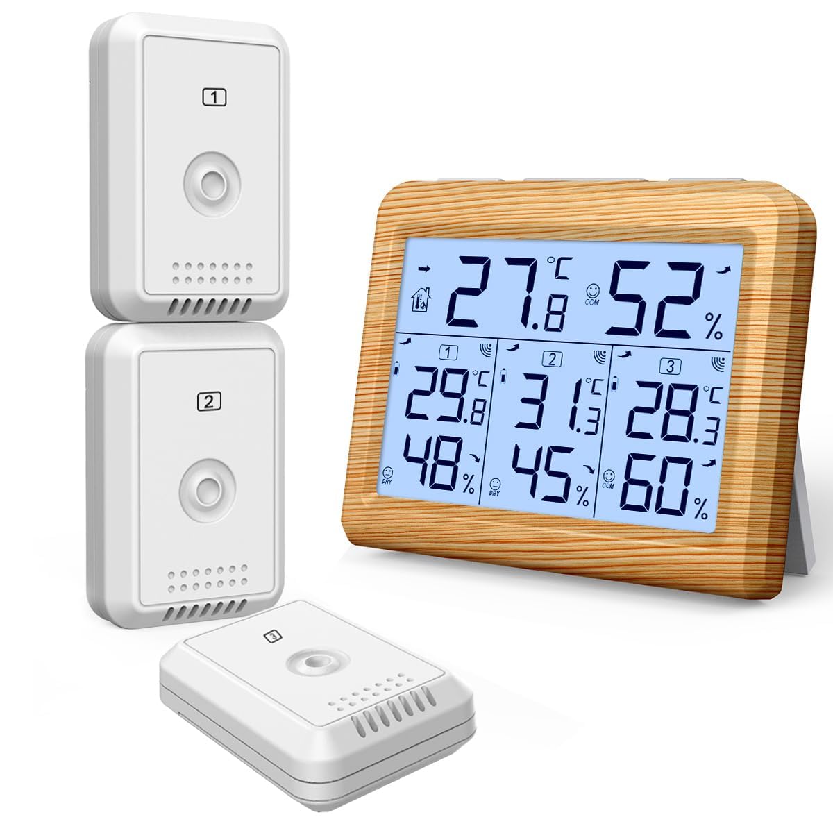AMIR Termómetro para interiores y exteriores, termómetro higrómetro digital de 3 canales con 3 sensores, monitor de humedad inalámbrico con pantalla