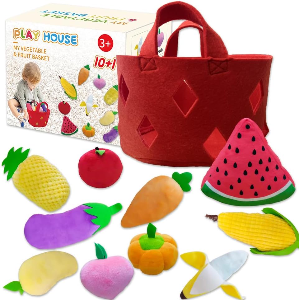 weiff 11 piezas de frutas rellenas de frutas y verduras con canasta, juguetes sensoriales Montessori, juego de comida suave para niños, mascotas,