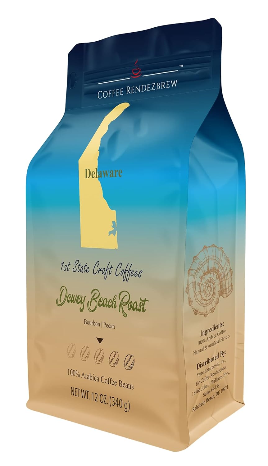 Coffee Rendezbrew 1st State Craft Coffee – Dewey Beach, café gourmet infusionado, bourbon y nueces cálidas, molido, bolsa de 12 onzas