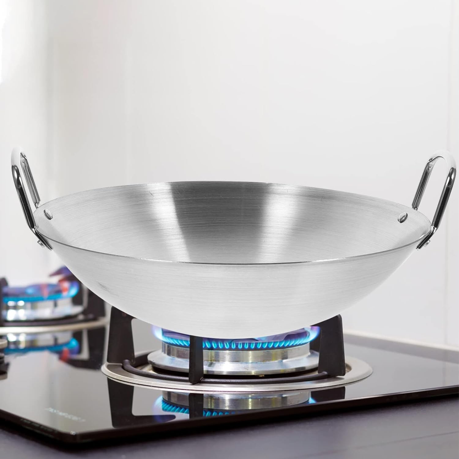 Luxshiny Sartén de acero inoxidable para wok, sartén de 10.2 in, estilo tradicional, utensilios de cocina antiadherentes con doble asa para
