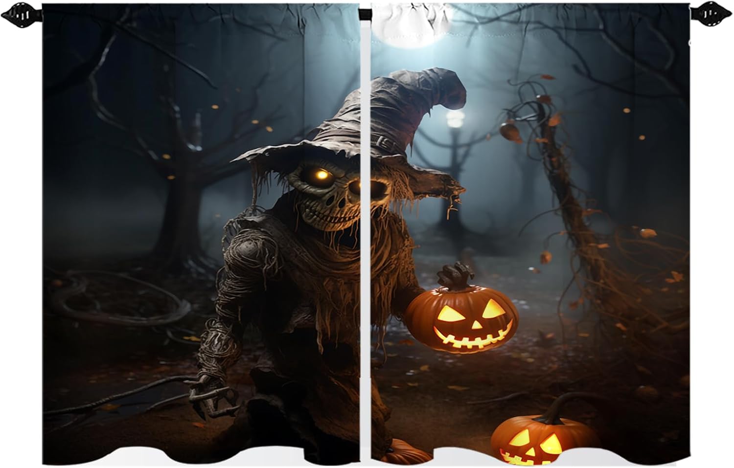 Halloween Kitchen Curtains Horror Skull with Magic Hat Pumpkin Lantern Moon Night Rod Pocket Small Drapes Cafe Curtain Bedroom Window Drapes 2