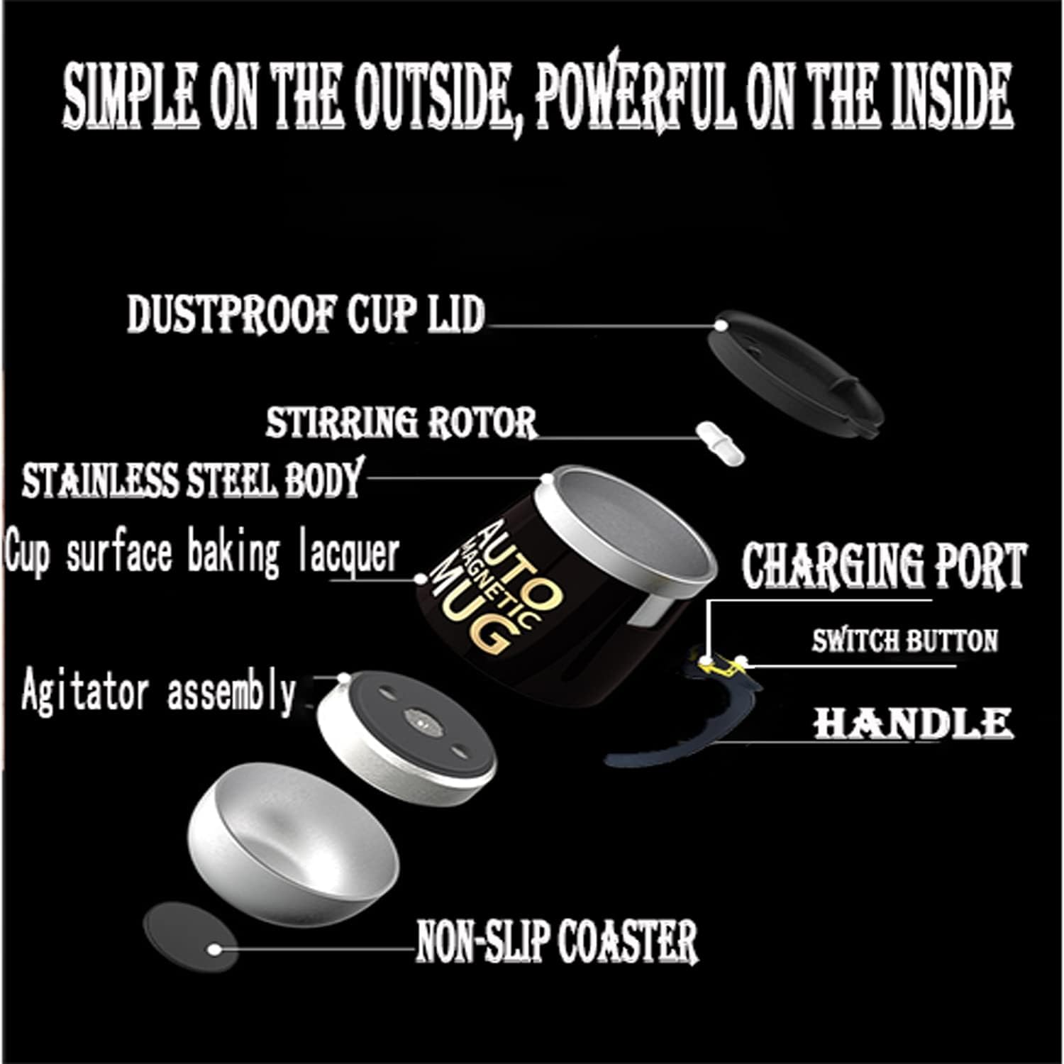 Taza de agitación automática recargable  Taza magnética de acero inoxidable de mezcla automática para bebidas instantáneas