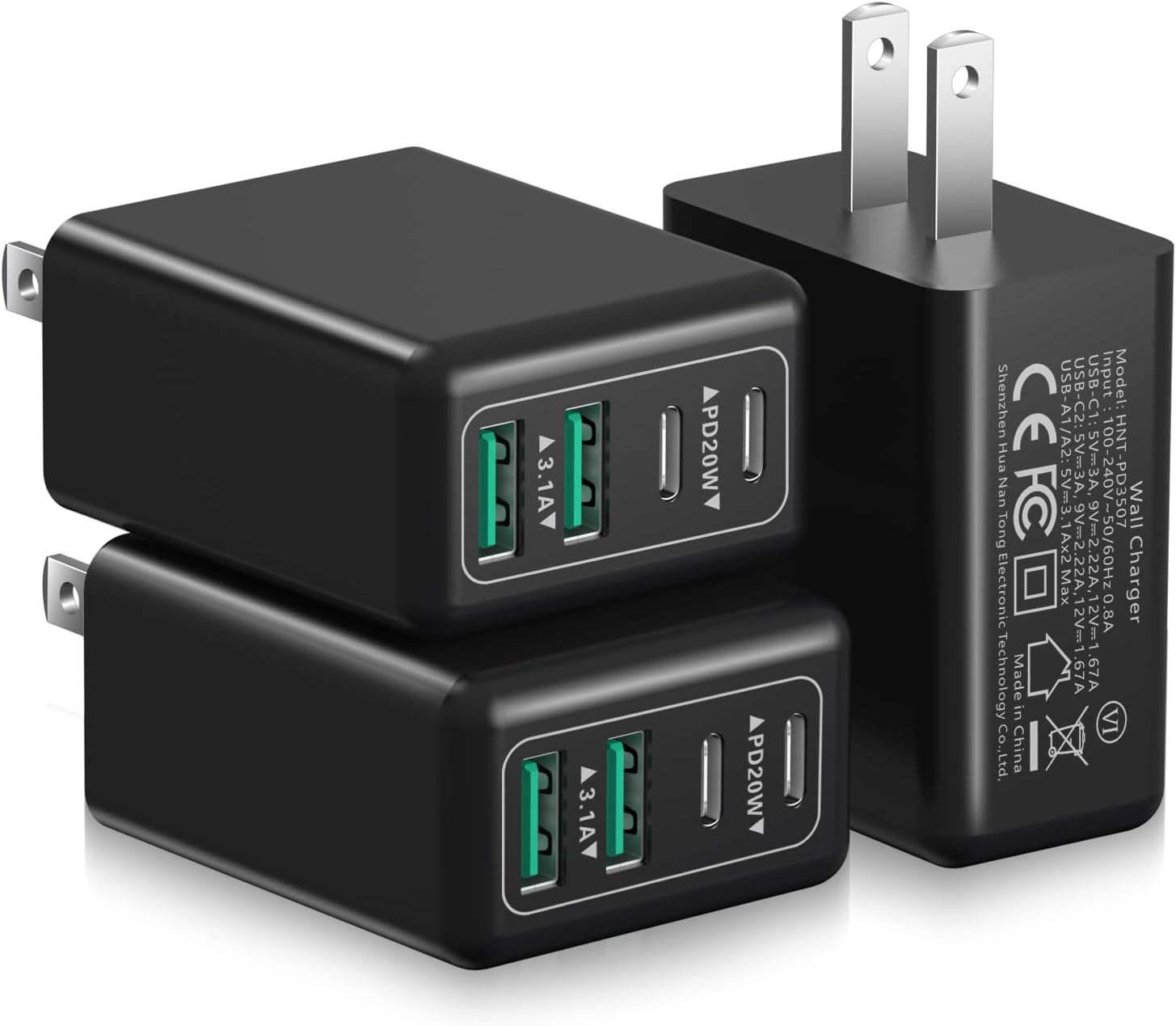 Paquete de 3 bloques de cargador USB C, cargador rápido de 40 W, 4 puertos, 20 W, bloque de carga tipo C, cargador de pared USB de 3.1 A, doble