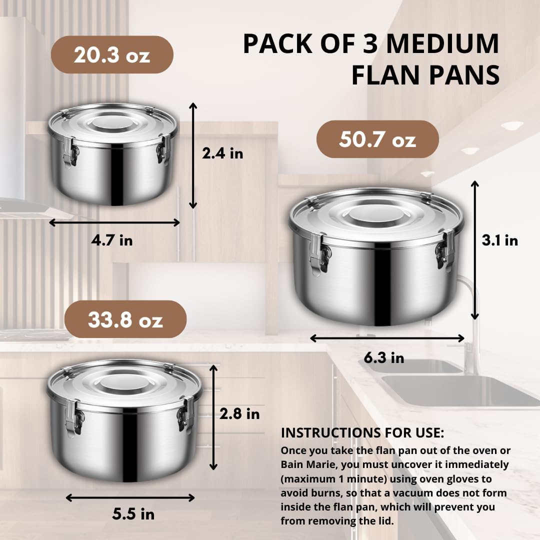 SISIGOO 3 moldes para flan  Moldes de flan para hornear  Flanera para Baño María  Quesillera  Quesillera Venezolana con tapa Molde  Molde de flan