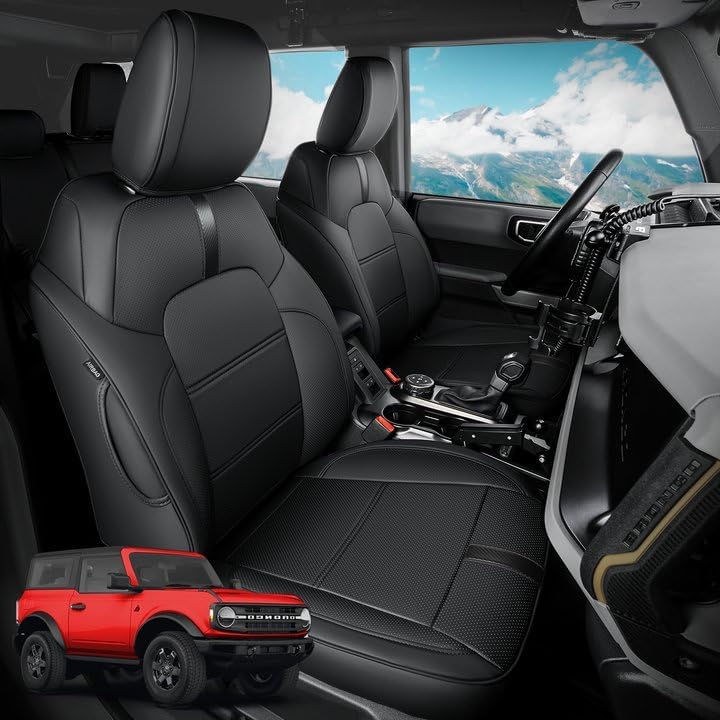 BAMACAR Fundas de asiento para Ford Bronco 2023 2022 2021 (solo 4 puertas) de cuero impermeable negro de fibra para fundas de asiento Bronco 2023