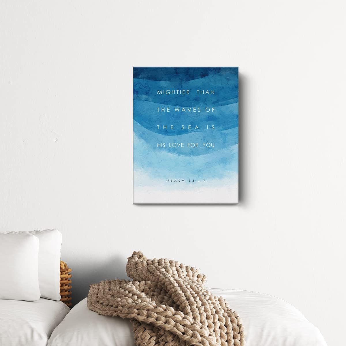 Lienzo con versículo bíblico para decoración de pared con versículo bíblico más poderoso que las olas Salmo 934, pintura de pared, arte azul, 12 x