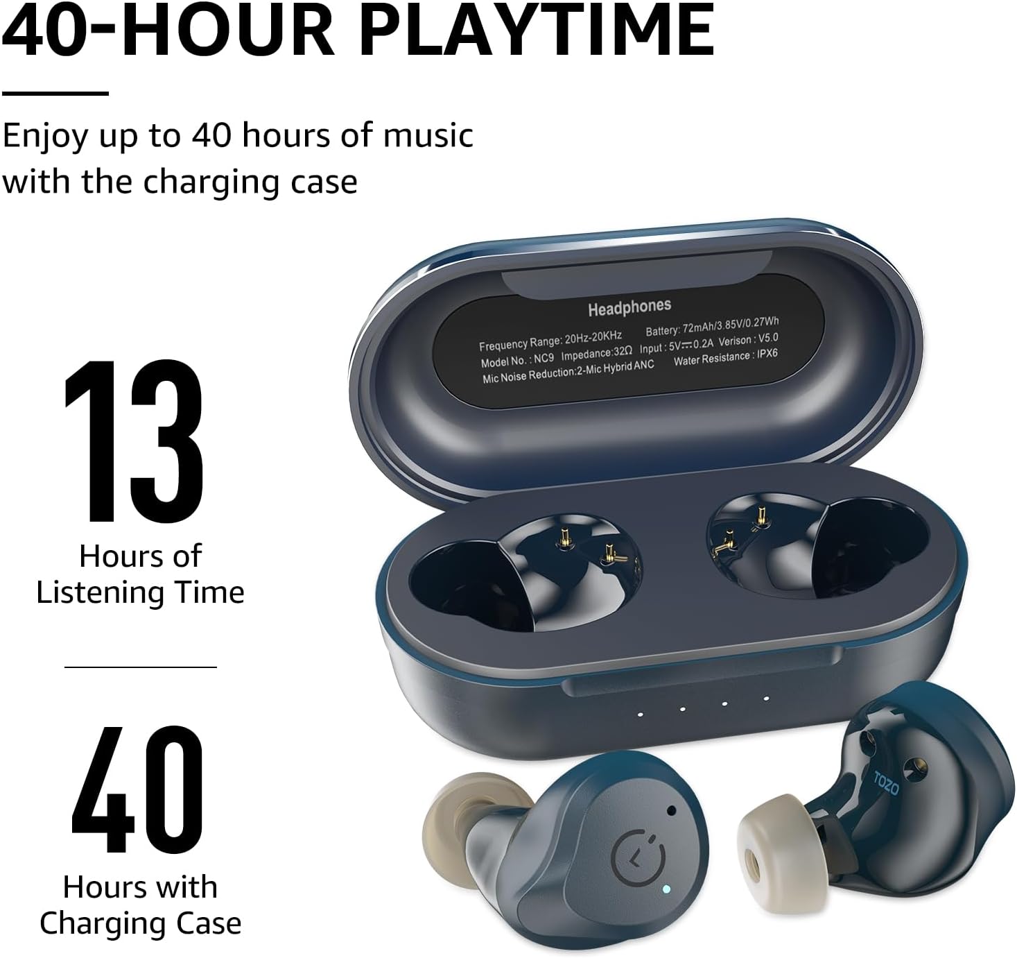 TOZO NC9 Auriculares inalámbricos híbridos con cancelación activa de ruido, auriculares intrauditivos IPX6 impermeables Bluetooth 5.3 estéreo,