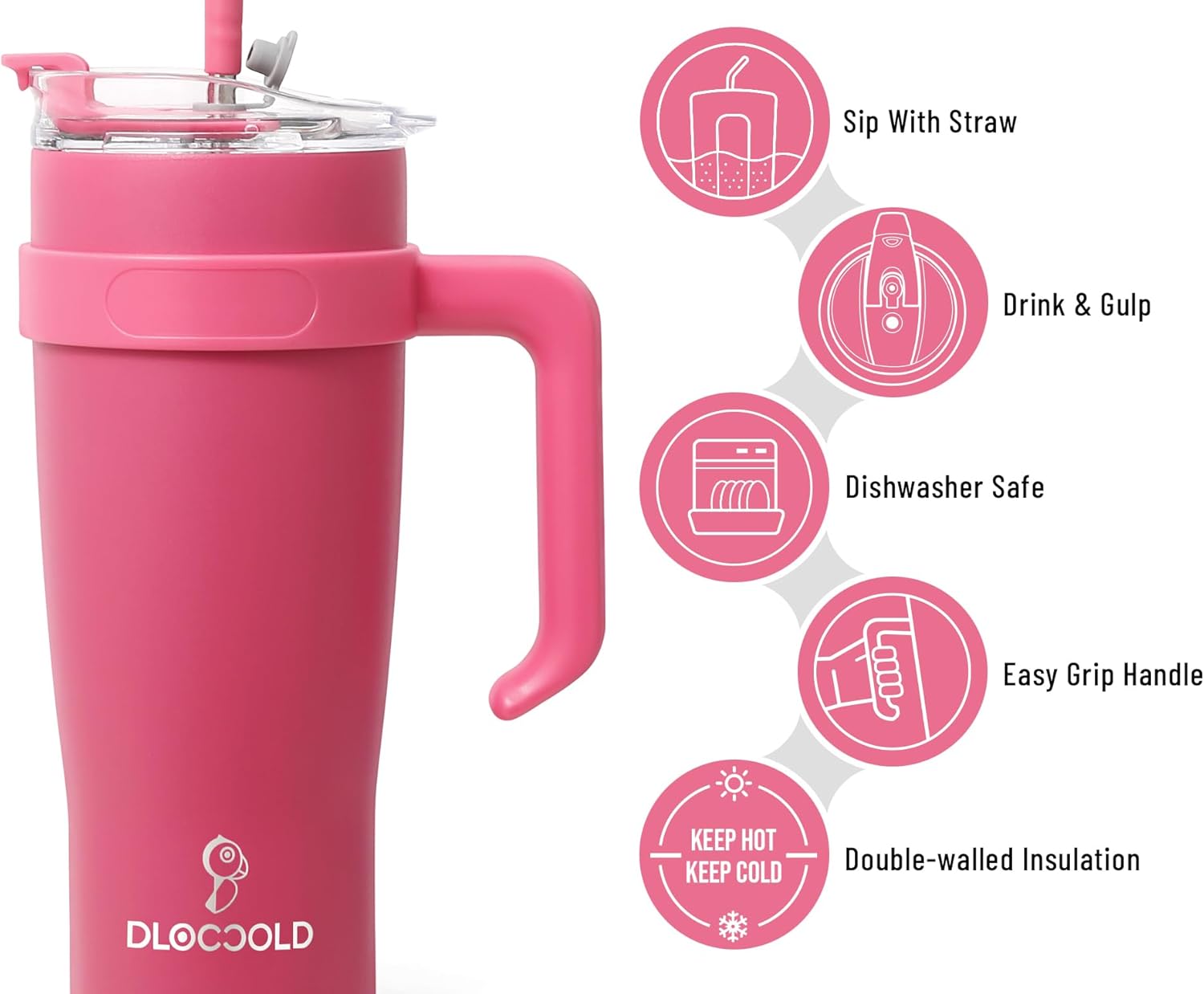 DLOCCOLD Vaso de 40 onzas con asa, popote y tapa, botella de agua reutilizable de acero inoxidable de doble pared con aislamiento al vacío, taza de