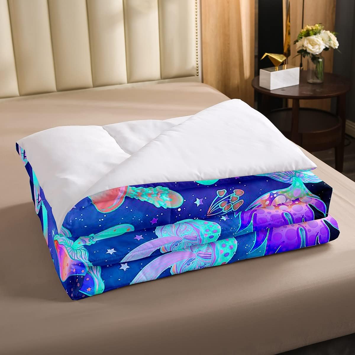 Lindo juego de edredón de hongos para niños, juego de ropa de cama Kawaii de dibujos animados tamaño matrimonial, juegos de edredón de cielo