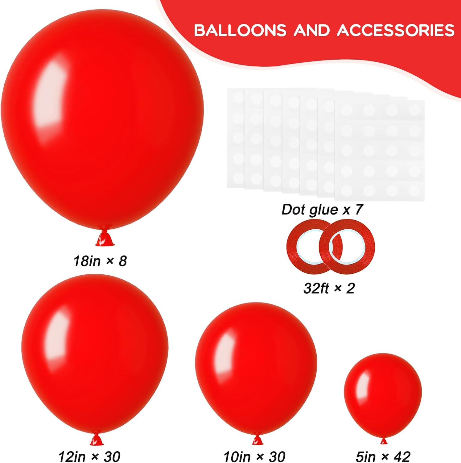 RUBFAC 110 globos rojos de diferentes tamaños de 18, 12, 10 y 5 pulgadas, para arco de guirnalda, globos de látex rojos de alta calidad para fiesta
