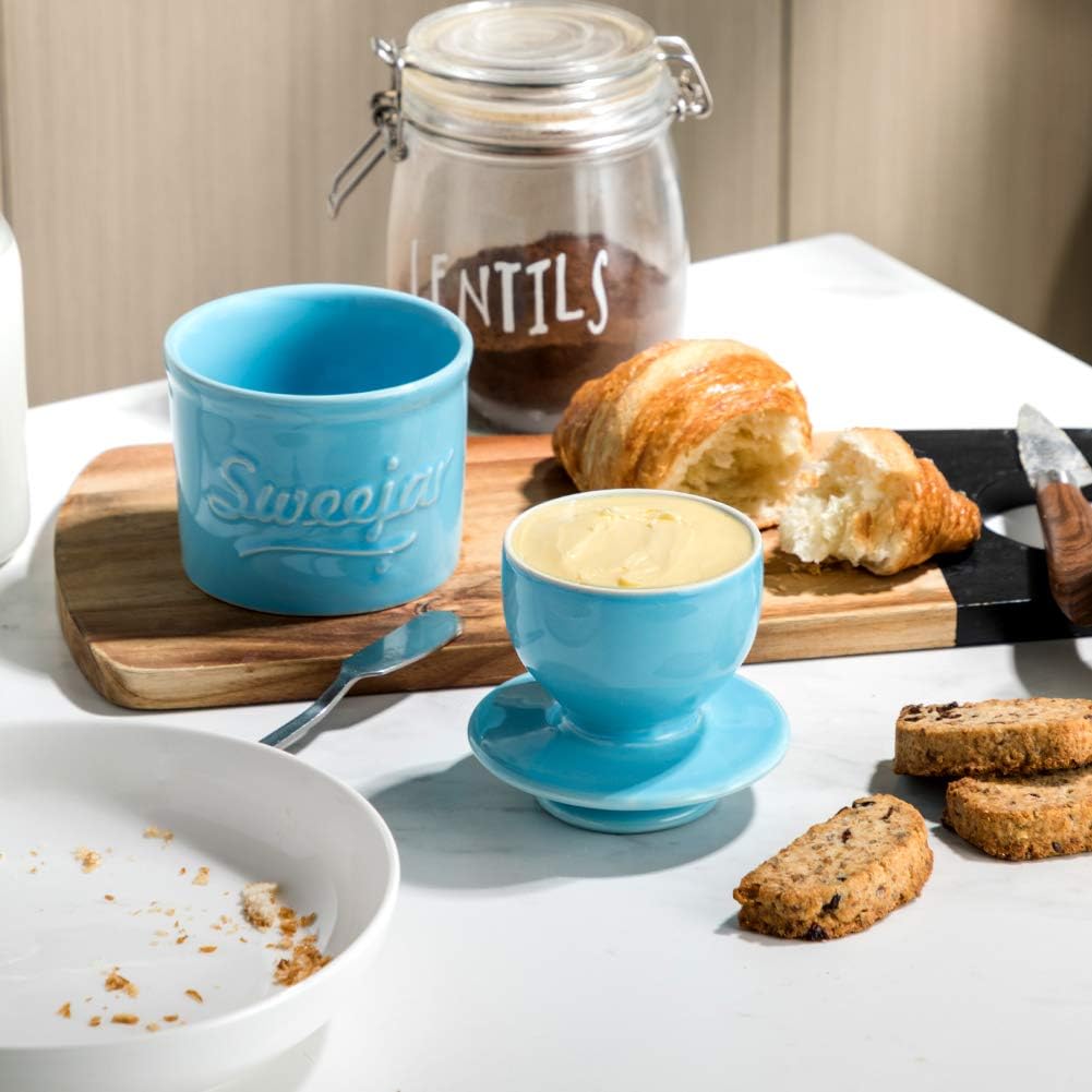 SWEEJAR Mantequilla de porcelana, manteca francesa mantiene la mantequilla fresca, suave y untable, sirve mantequilla fácil para los amantes del
