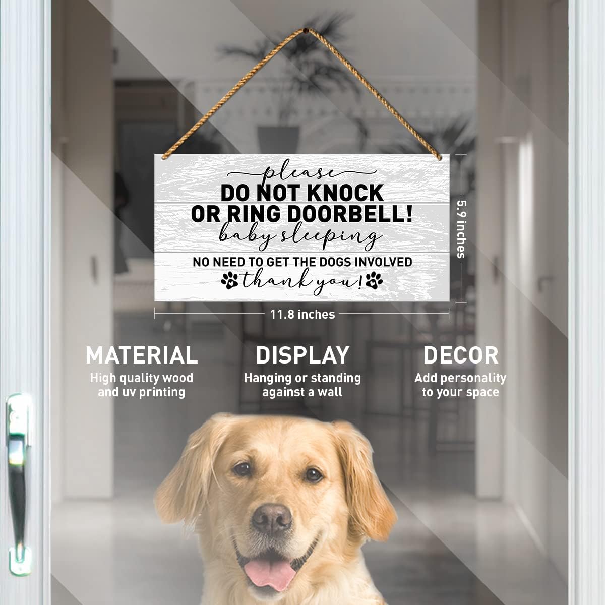 Letrero de bebé para puerta delantera, no hay necesidad de conseguir a los perros involucrados, letrero de advertencia de perro para decoración del