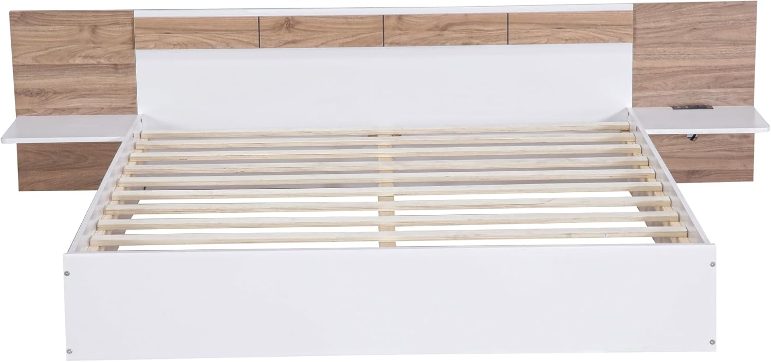 Cama de plataforma tamaño Queen con cabecero, estantes de almacenamiento, puertos USB y enchufes, marco de cama Queen de madera, no necesita somier