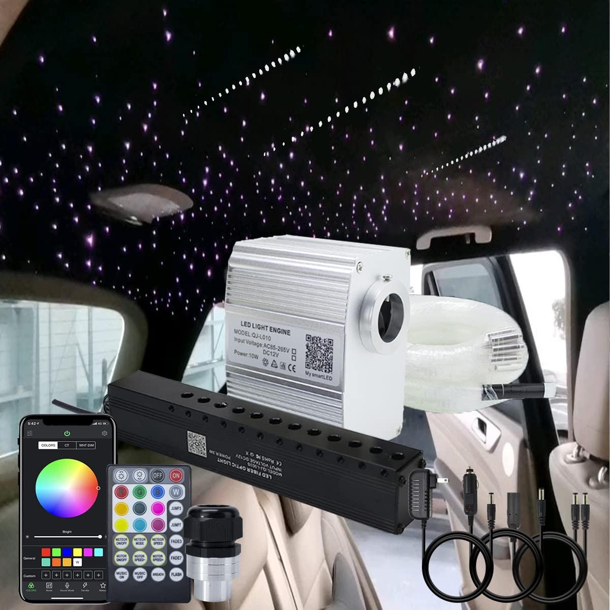 AKEPO – Kit de luz musical RGBW de 10 W, estrella fugaz, fibra óptica, controlada a través de aplicación, para el hogar y el automóvil, 460 unidades