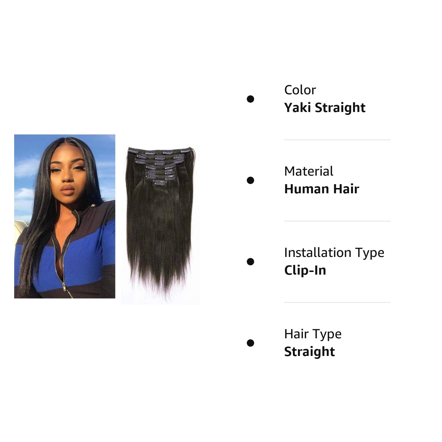 Anrosa Yaki – Extensiones de cabello humano Yaki con clip, extensiones de cabello humano Yaki con clip, para afroamericano, cabello lacio Yaki,