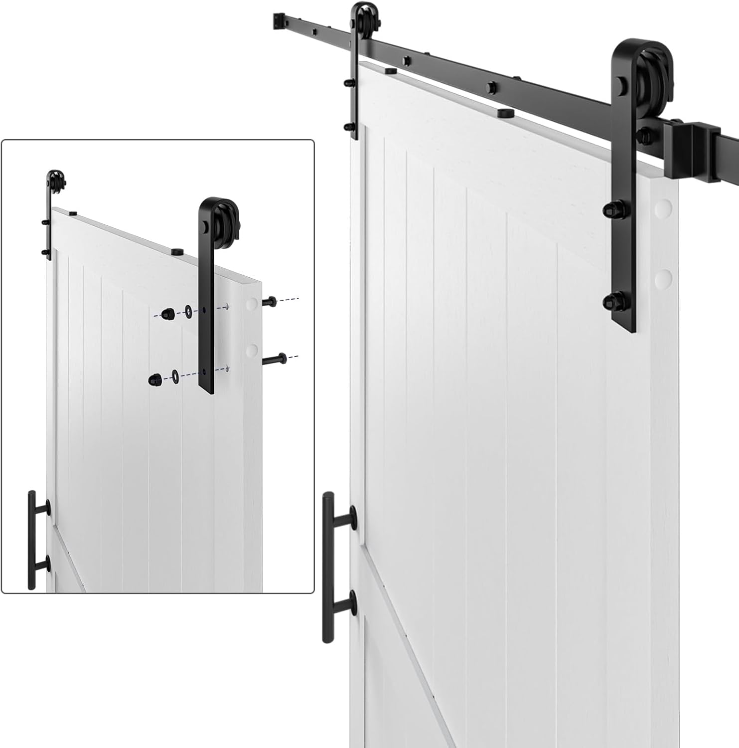Puerta corrediza de granero MDF de 48 x 80 pulgadas con kit de herrajes para puerta de granero de 8 pies y asa, agujeros preperforados, fácil