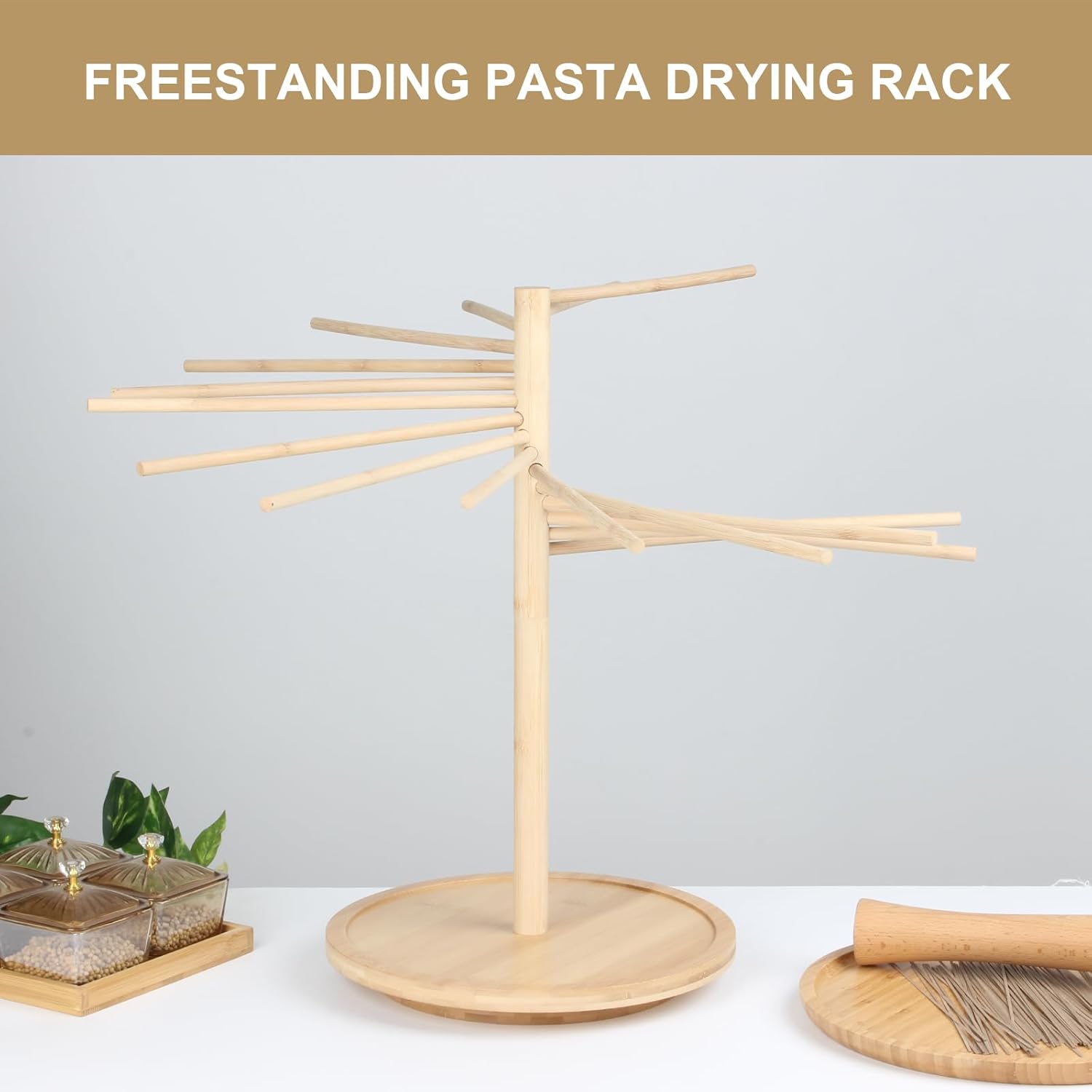 Kcgani Estante de secado plegable para pasta, estante de secado para fideos con bandeja giratoria, soporte grande de madera de bambú para secadora