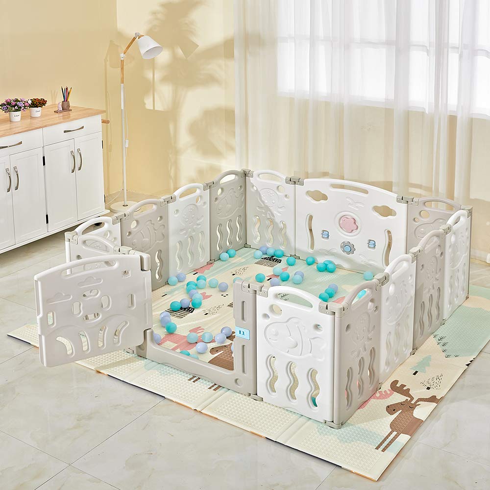 Albott Corralito para bebés mejorado de 14 paneles plegable con panel de juego y puerta de seguridad, forma ajustable, patios portátiles para niños