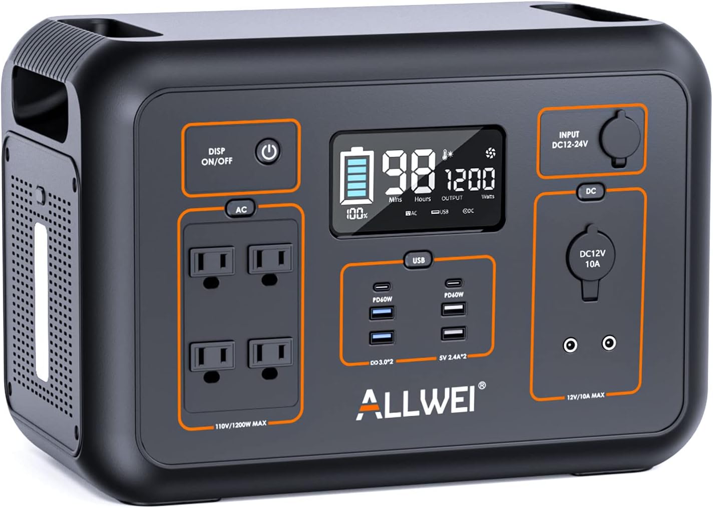 ALLWEI Estación de energía portátil de 1200 W (pico 2400 W), generador solar de 1132 Wh 306000 mAh con 4 salidas de CA de 120 V, 6 USB-C PD3.0 60 W,