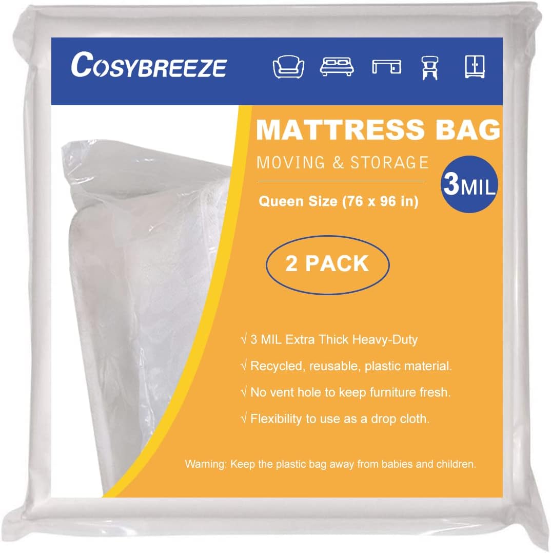 Bolsas de colchón para mudanzas, tamaño Queen, bolsa de almacenamiento de colchón transparente de 3 mil, paquete de 2 protectores de colchón de