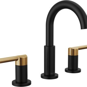 Delta Faucet Nicoli – Grifo de baño generalizado de 3 agujeros, grifo de baño negrodorado, grifo de lavabo de baño, montaje de drenaje, negro Delta Faucet Nicoli – Grifo de baño generalizado de 3 agujeros, grifo de baño negrodorado, grifo de lavabo de baño, montaje de drenaje, negro