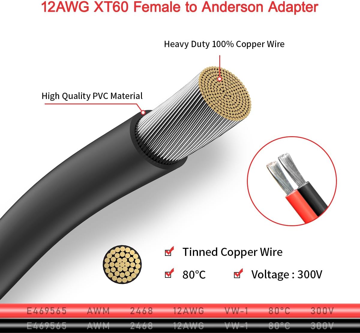 Adaptador XT60 a Anderson, cable conector hembra XT60 de 12 AWG a Anderson para batería RC, estación de energía solar portátil y panel solar (10