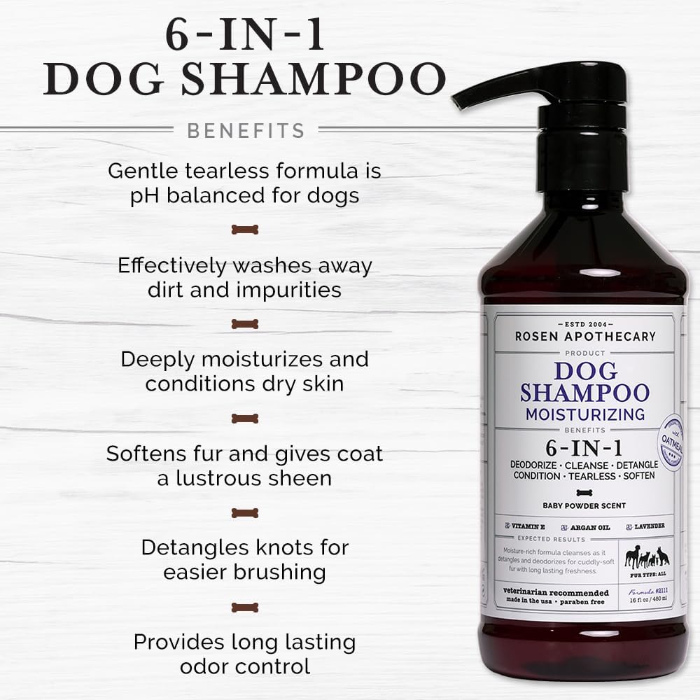 Champú hidratante para perros 6 en 1, fabricado con ingredientes derivados naturalmente para limpiar, calmar, desodorizar y suavizar la piel y el